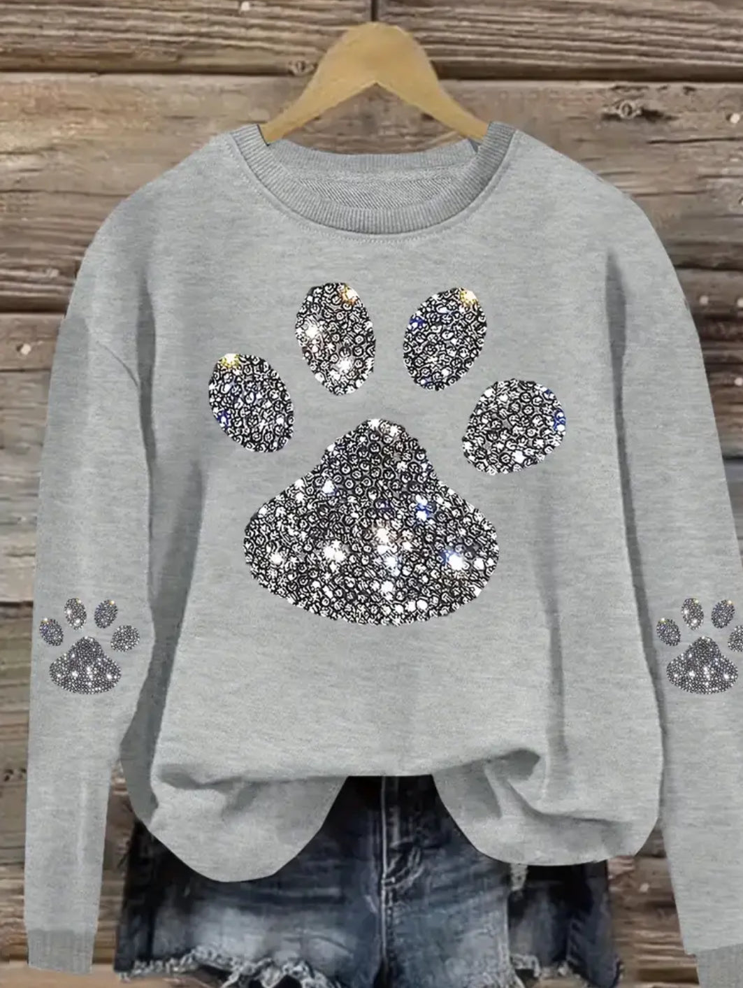 0XL-14XL, Posh Plus 💋  Rhinestone Paw Print Sweatshirt Women - Crew Neck, Casual Pullover with Slight Stretch