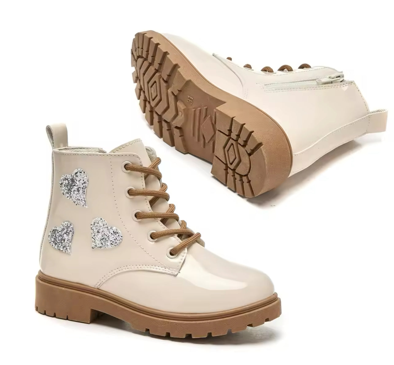 “Sequin Sparkle” Heart Mid-Top Boots, Faux Leather with Zip Closure, Fabric Lined