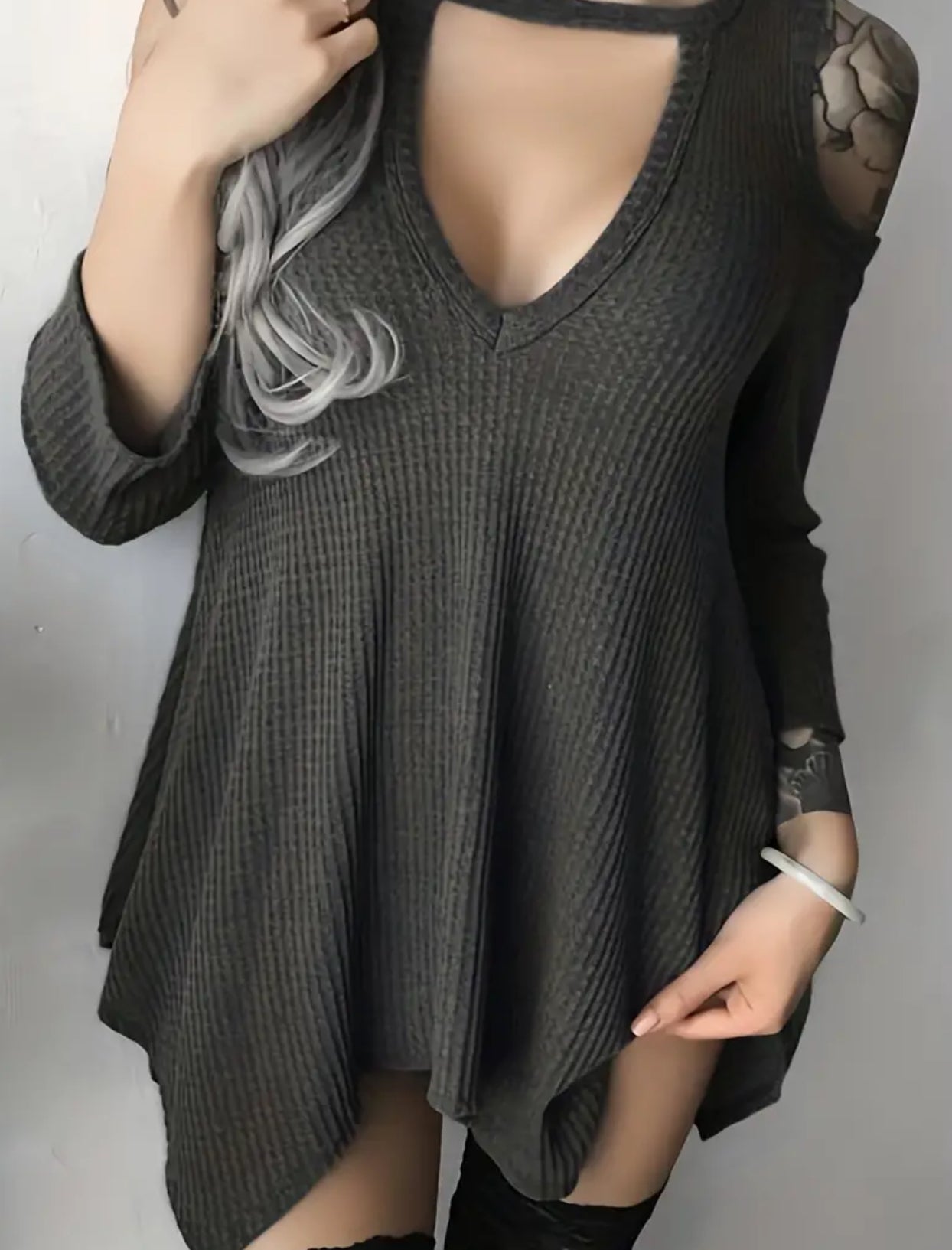 Plus Size, Cut Out Cold Shoulder, Long Sleeve Slight Stretch Top