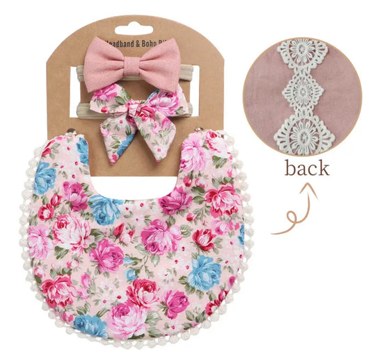 Lindo conjunto de babero y diadema de algodón con estampado floral para recién nacidos