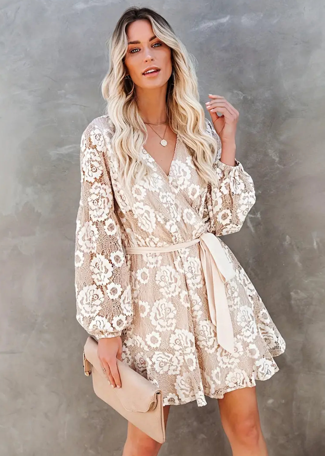 “Lace” Belted Surplice Neck Dress