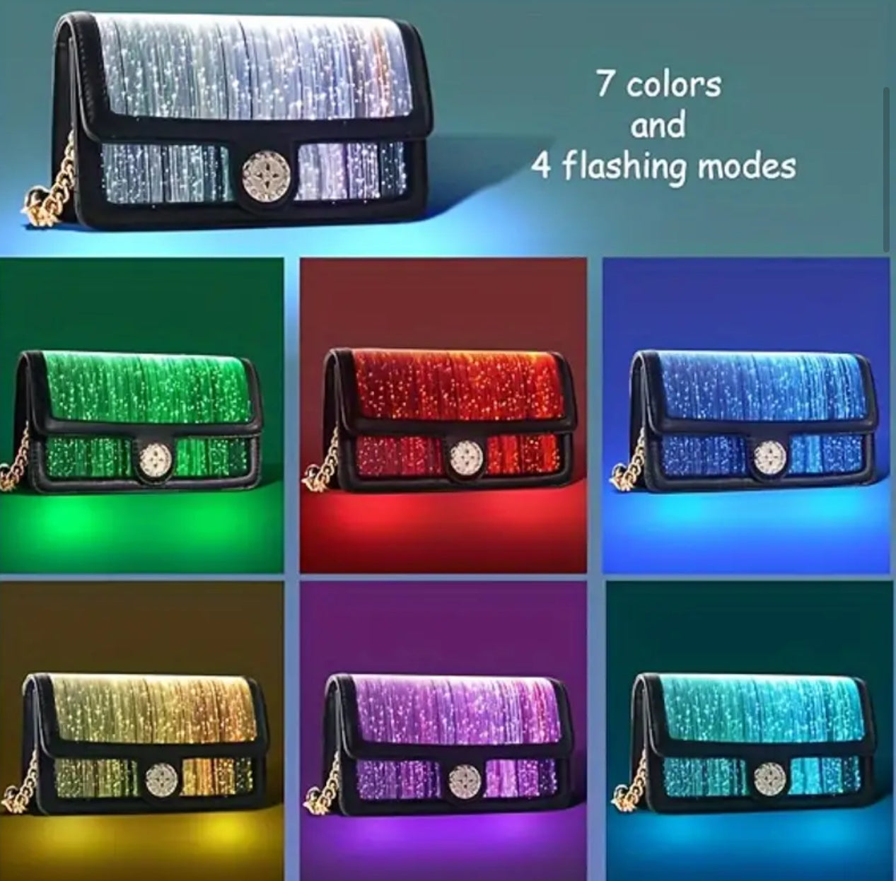 “LED Glitter” Faux Leather, 7-Color LED Crossbody Clutch Bag