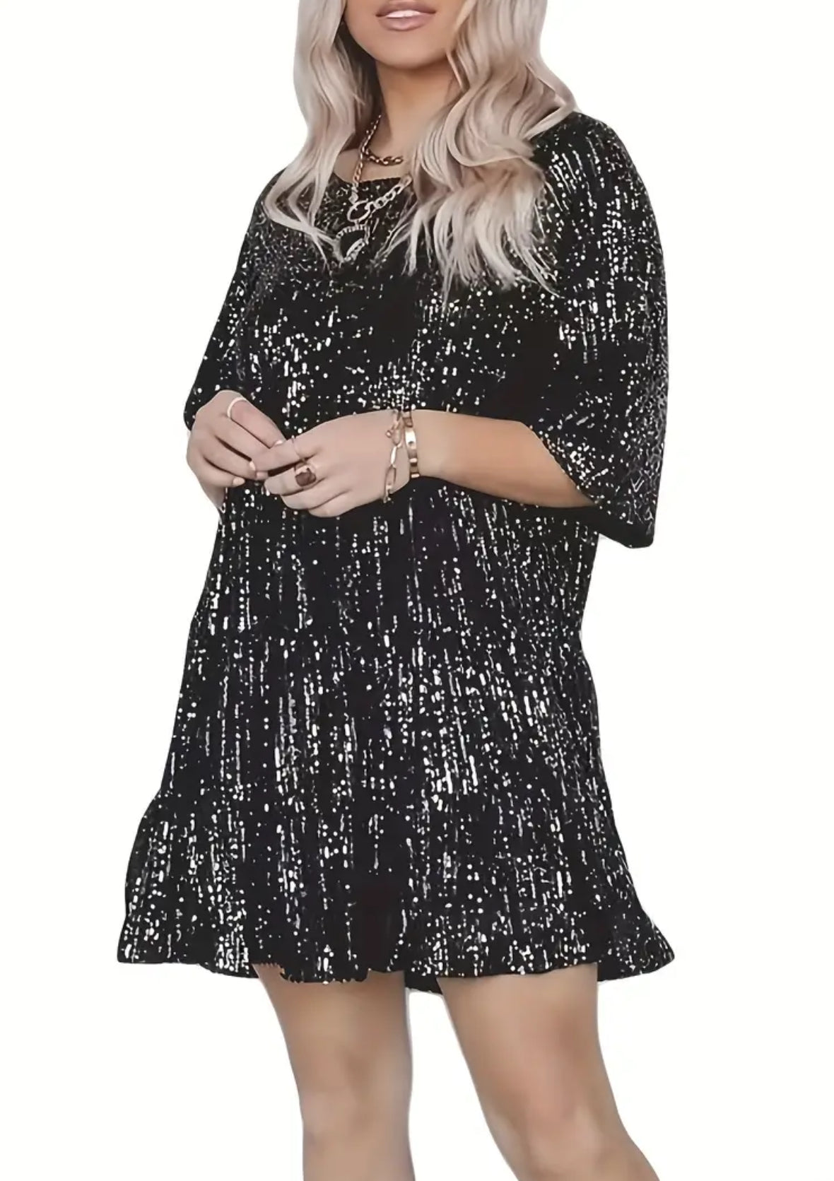 “Black Sequined Elegance” Half Sleeve Crew Neck, Loose Dress, Plus