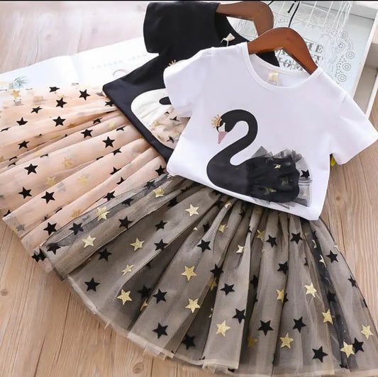 Girls Swan Sequin Skirt,  2Pcs Children Fashion, Top & Skirt, Glam Dresses ✨ Collection