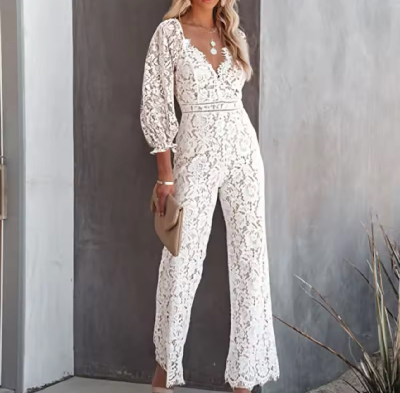 “Floral Lace” Wide Leg Jumpsuit, Solid Color,  Long Sleeve V Neck, Women’s