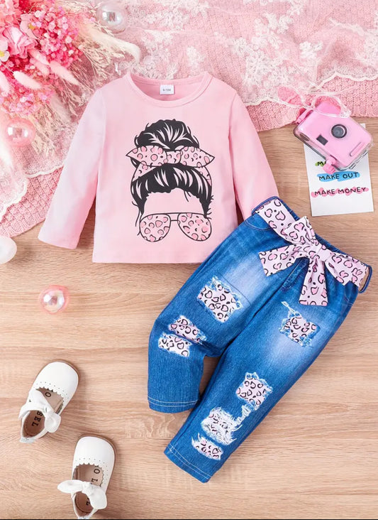 Infant Toddler Long Sleeve Top + Faux Jeans With Belt, 3pcs Set