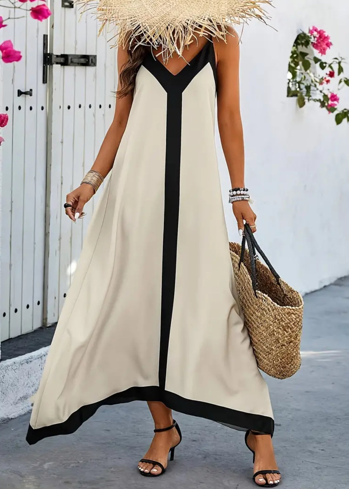 Contrast Trim Italian Cami, Elegant Sleeveless V-neck Backless Dress