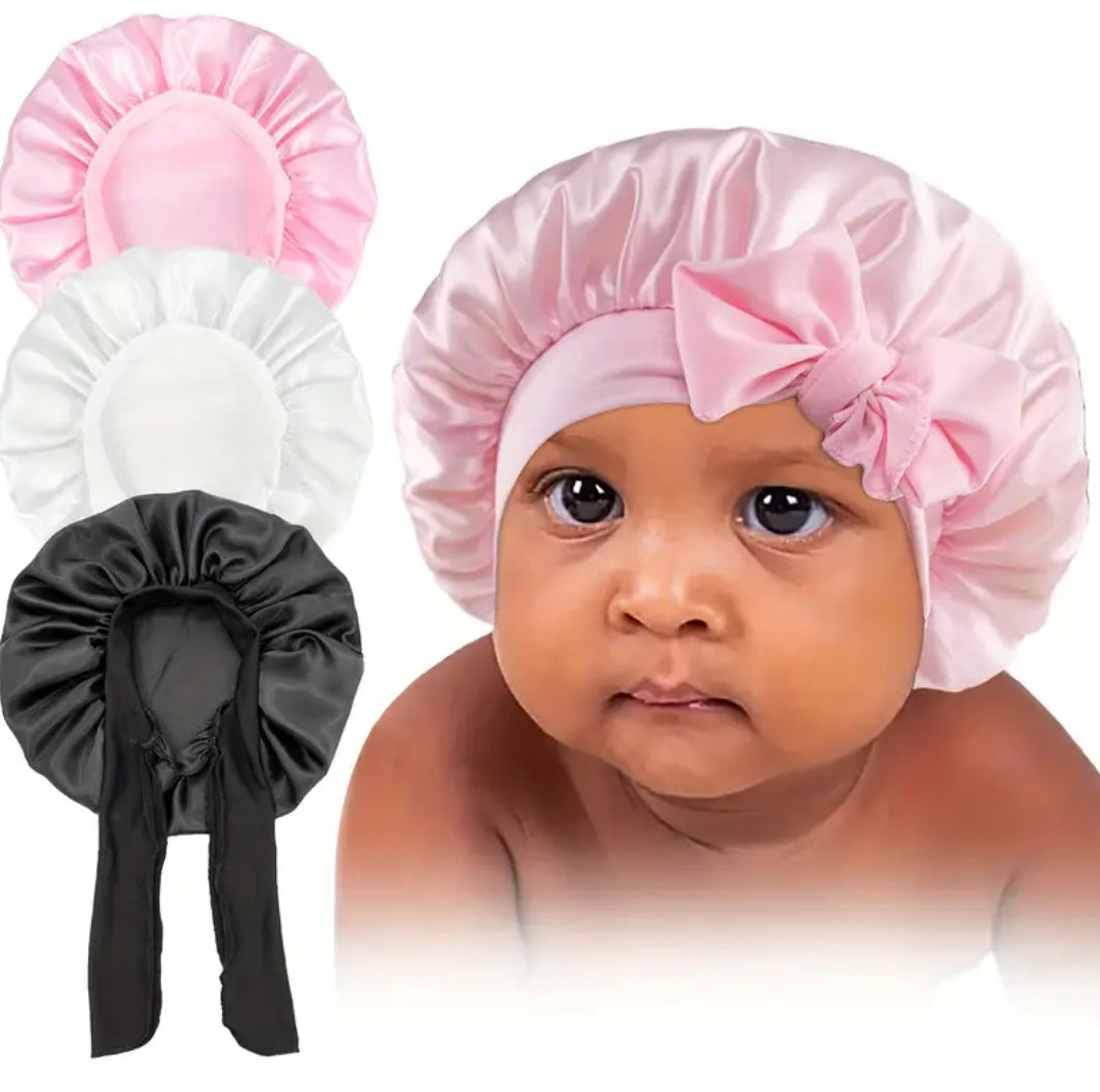 Silky Satin 3pcs Elastic Bonnet Nightcaps for Children