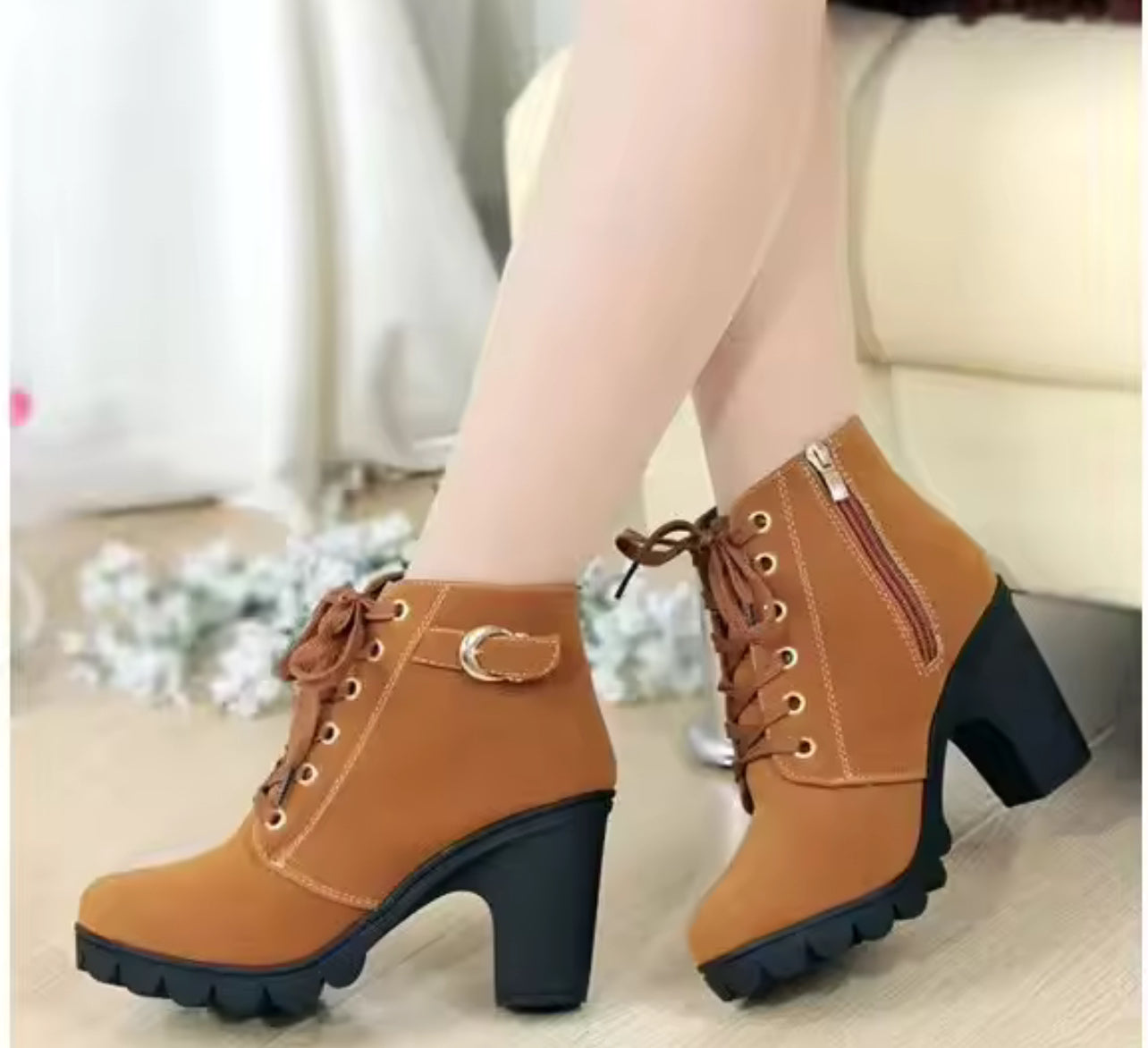 Women’s Platform Boots Buckle Decir, Side Zipper, Thick Short Heel Ankle Boot