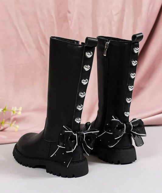 “Hearts & Rhinestones” Bow Princess High Top Boots, Soft, Lightweight, Thick Sole, Non-Slip