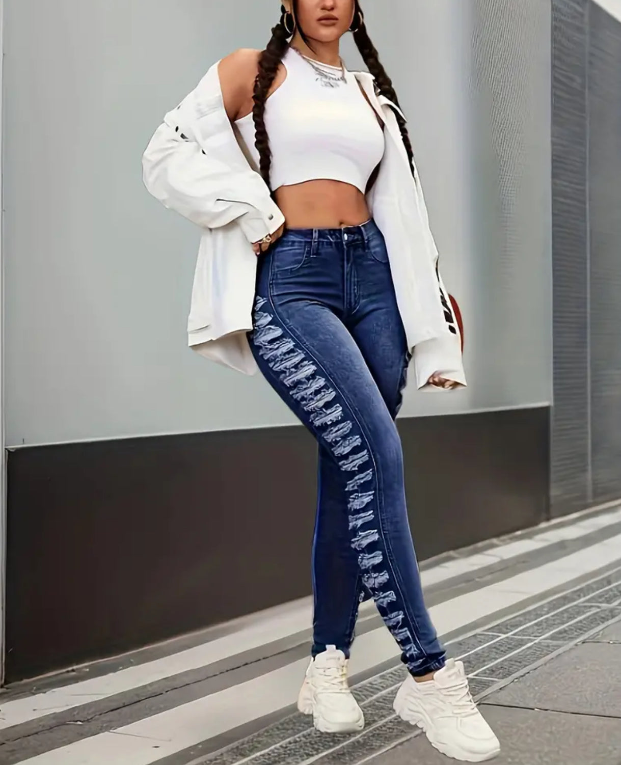 Slimming High-Waist Skinny Jeans, Stretch, Distressed Casual Style