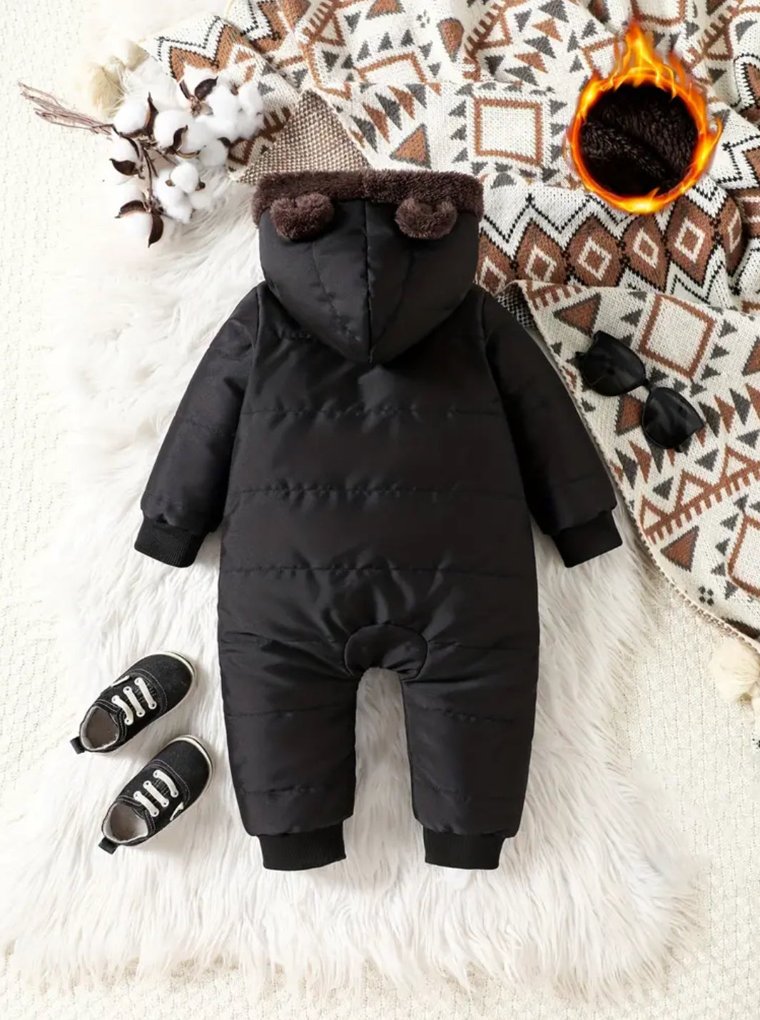 “Cozy Baby Fleece” Lined Hooded Jumpsuit for Babies,  Cute Bear Ear Design, Zip-Up, Machine Washable