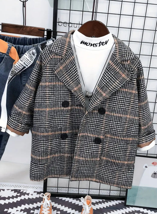 Kid's Houndstooth Pattern Coat, Double-breasted Suit, Gentleman Boy's Clothes