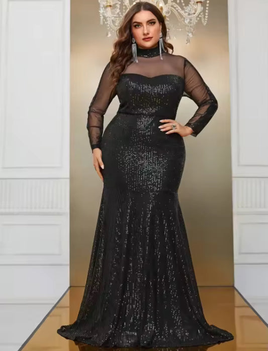 Plus Size “Noir Sequins” Elegant Evening Dress, Long Sleeve, Mermaid Design