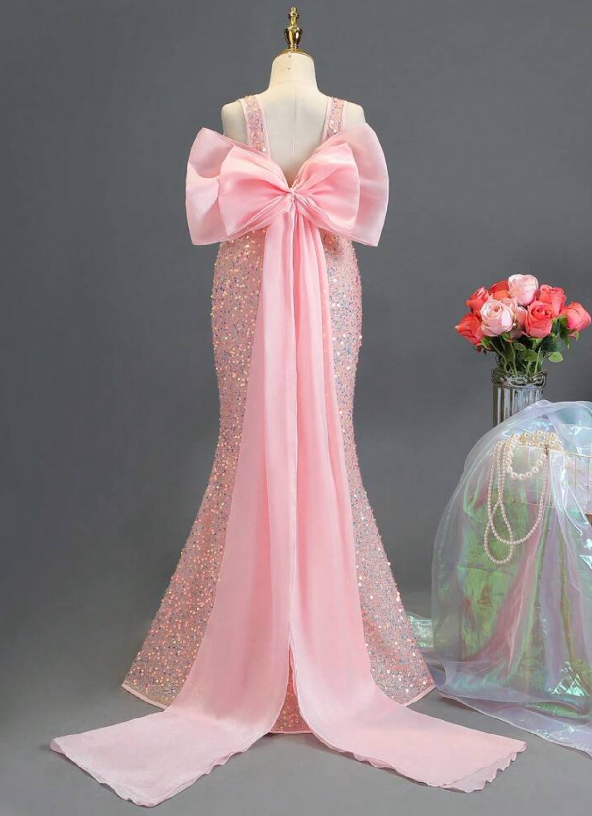 Vestido formal para niñas con lazos rosas brillantes