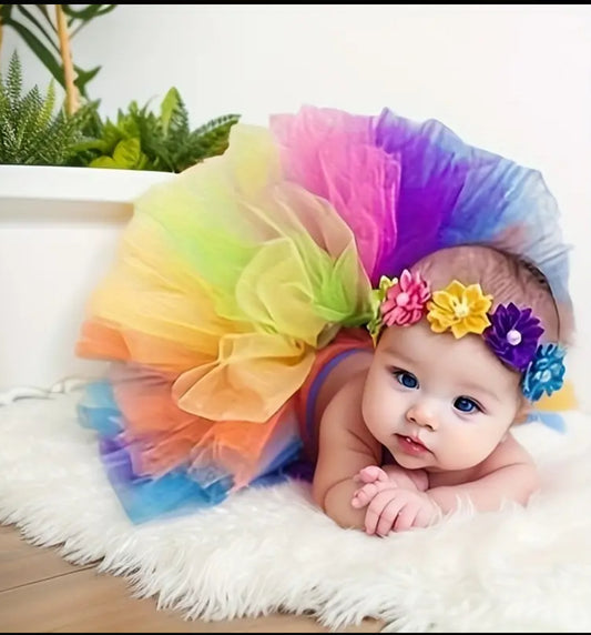 Rainbow Color Baby Skirt Tutu Set with Flower Beads Headband, 🌈