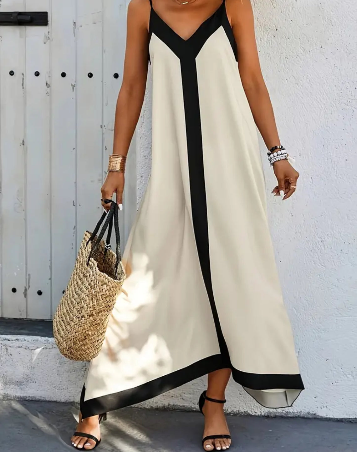 Contrast Trim Italian Cami, Elegant Sleeveless V-neck Backless Dress