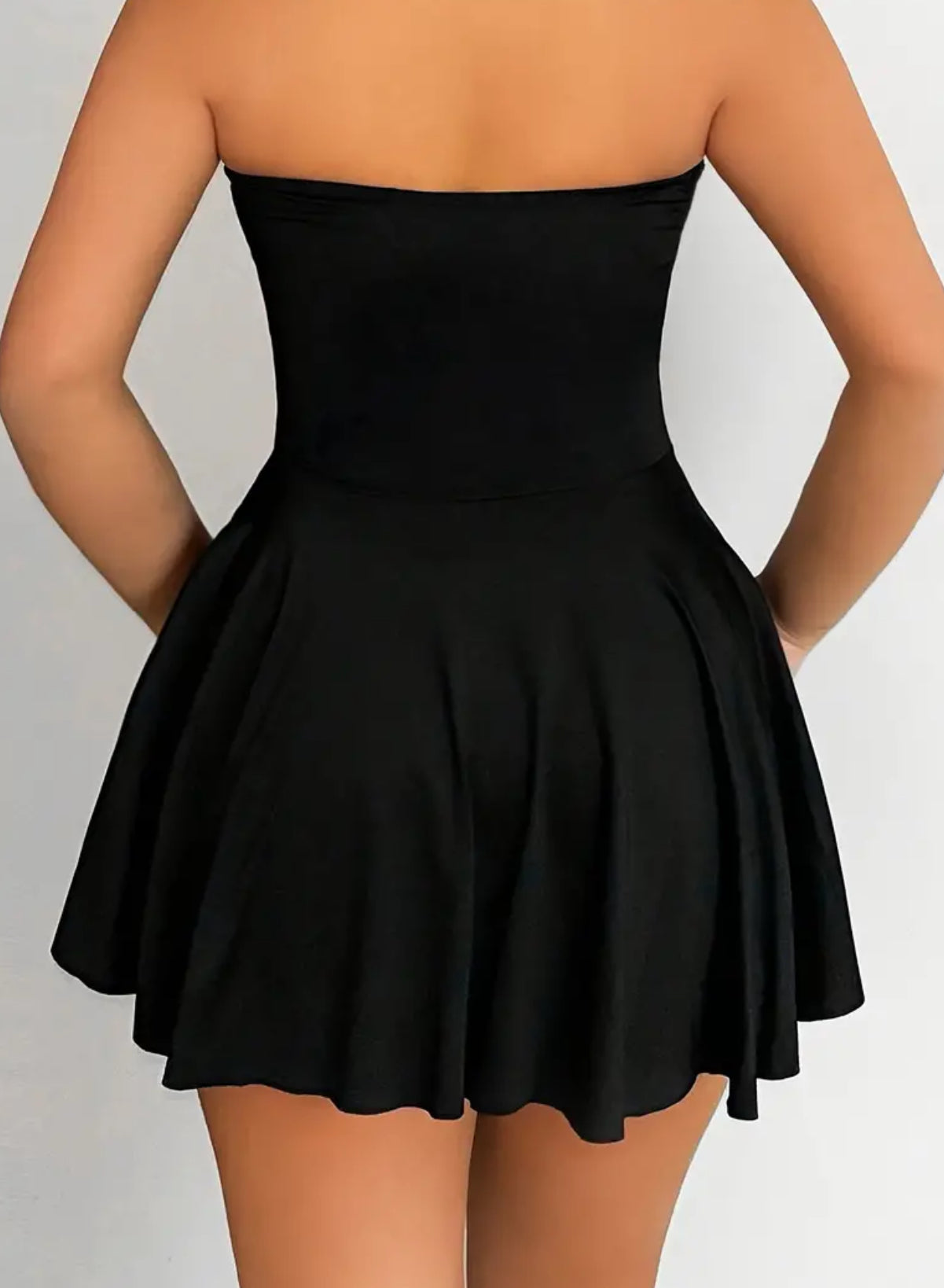 “Flirty” Backless Bandeau Mini Dress - High Elasticity, Sleeveless, Flared Hem, Fit and Flare Silhouette