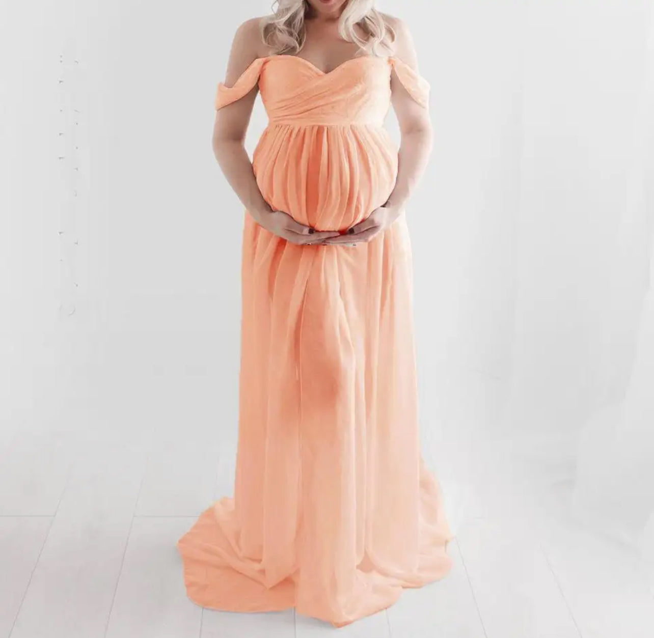 Maternity Off Shoulder Chiffon Gown, Lace Split Front, Maxi Dress