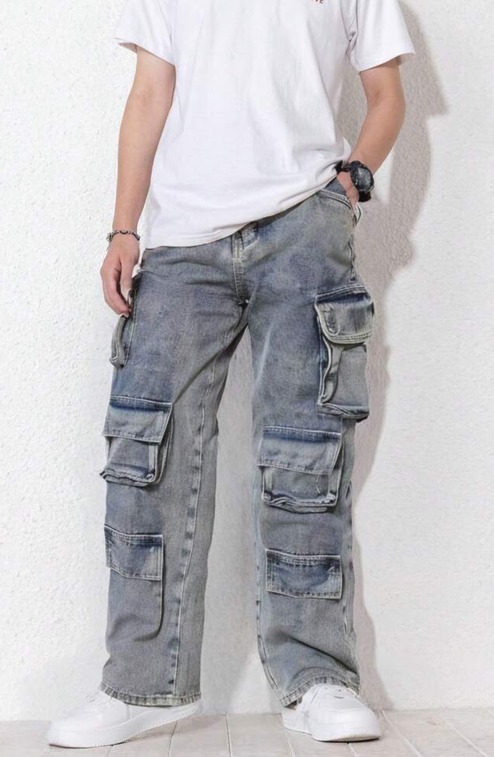 Teen Boys, Vintage Style Loose Fit, Straight Leg Multi-Pocket, Stone Washed Cargo Jeans