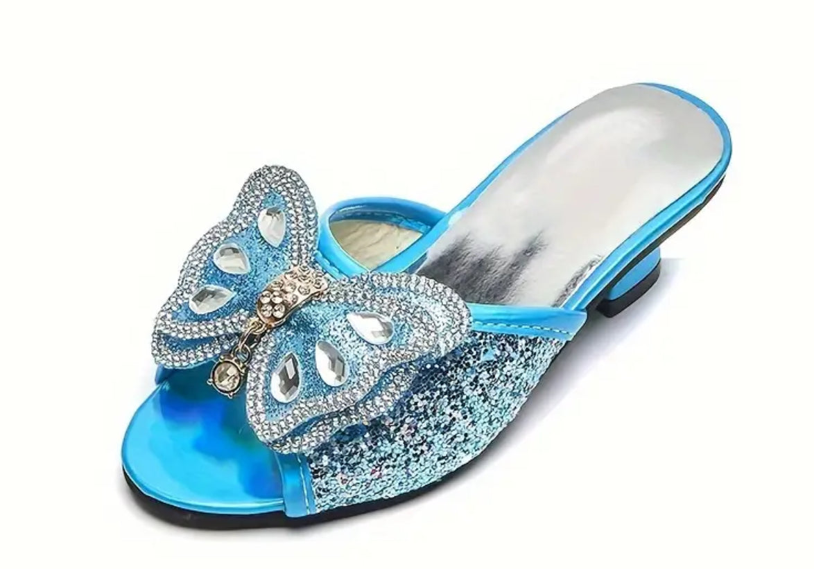 Zapatos de tacón alto sin cordones con diseño de mariposas y diamantes de imitación para niñas