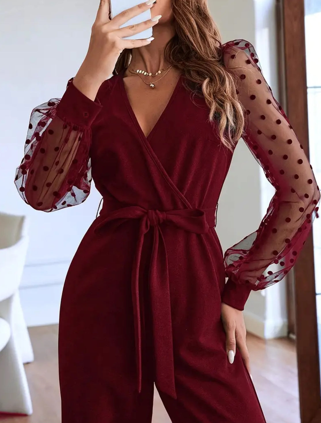 “Wine/ Noir Polka Dots” Elegant V Neck, Long Sleeve Jumpsuit for Women