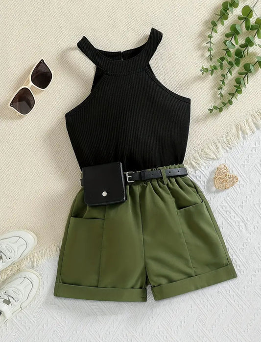 2-Piece Girl's Outfits Sleeveless Halter Top + Cargo Shorts