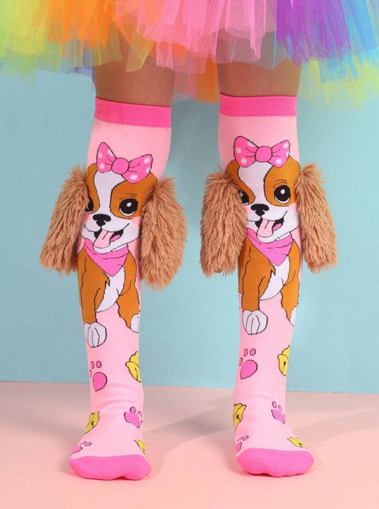 “Puppy & Unicorn Love” 💕 🐾 Pink Cute Little Dog Knee High Socks, 1 Pair