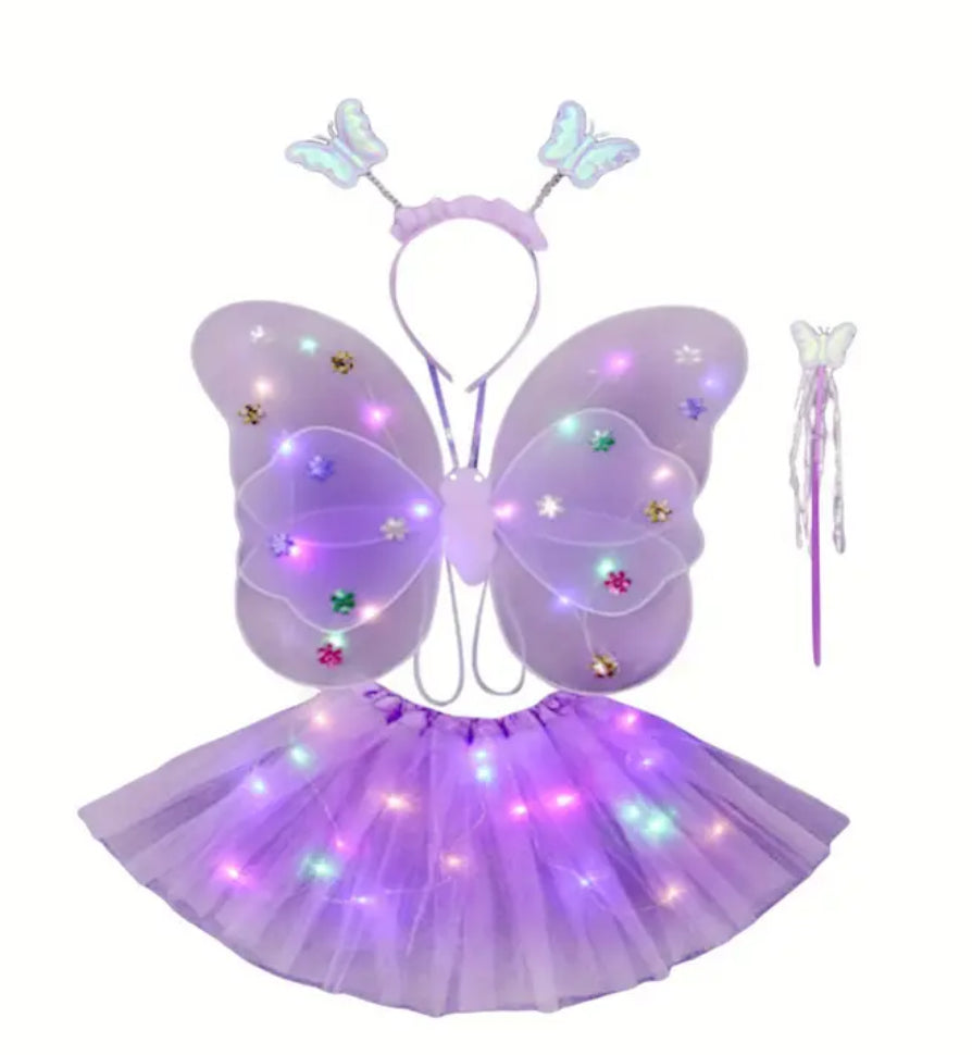 Girl's LED Fairy Costume Set, Butterfly Wings + Tutu Skirt Headband, Wand, 3Y-14Y