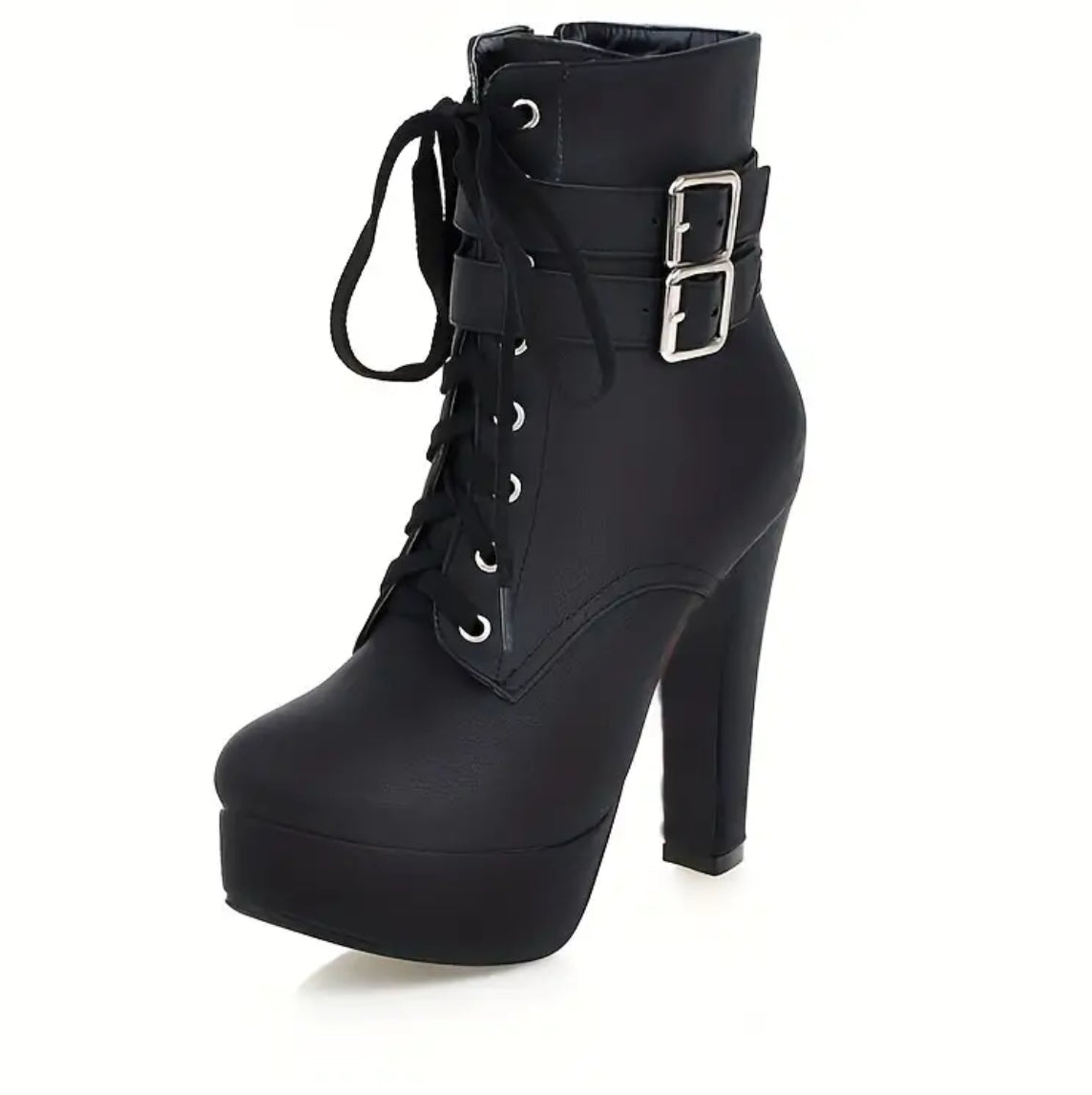 Stiletto Heel Boots with Stable Block Base - Secure Buckle Ankle Strap - Lace Up