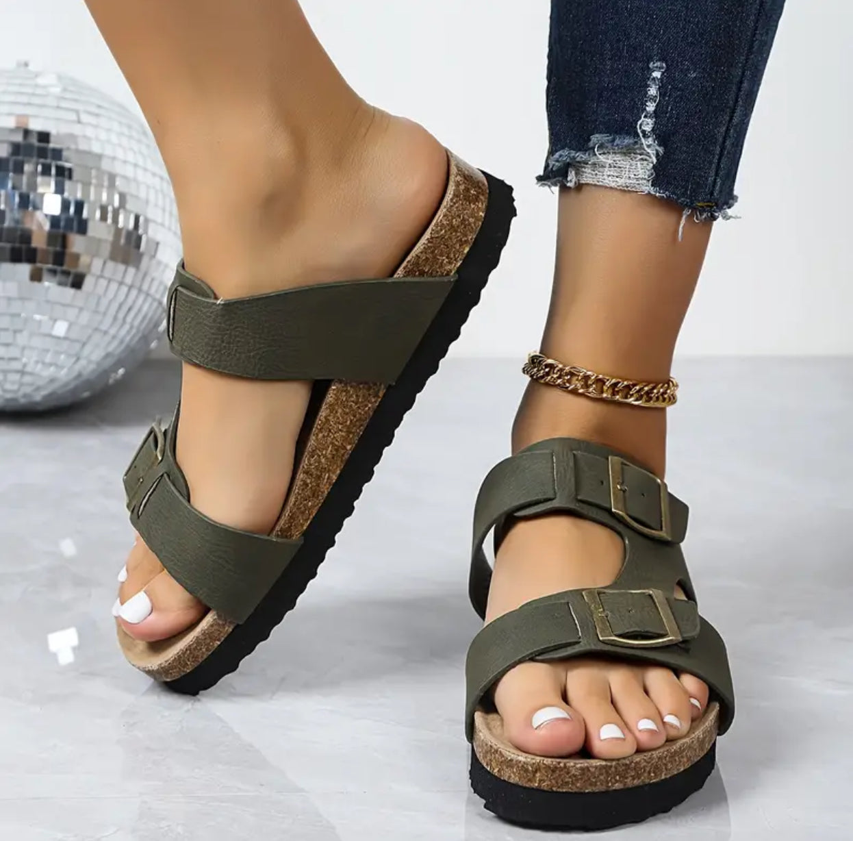 Aceitunas, Casual para mujer, Dos hebillas, Chanclas de piel, Suela de madera