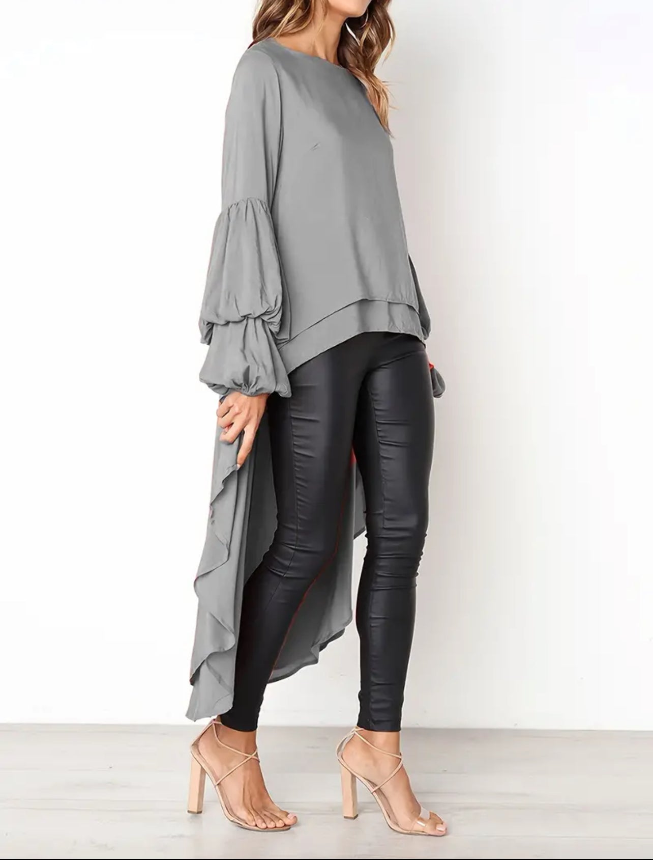 Solid Crew Neck Asymmetrical, Lantern Long Sleeve Top, Posh 💋 Mommies Collection