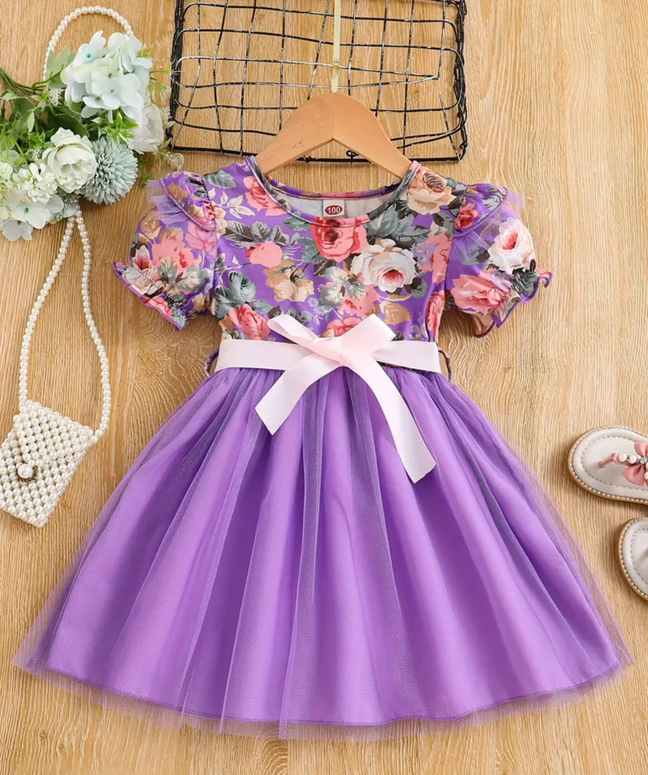 Puff Sleeve Ruffle Trim Floral Belted Princess Dress