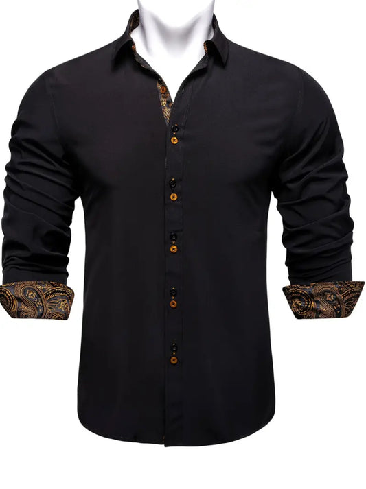 Black Solid Plain Stretch Shirts Wrinkle-Free Long Sleeves Casual, Men’s