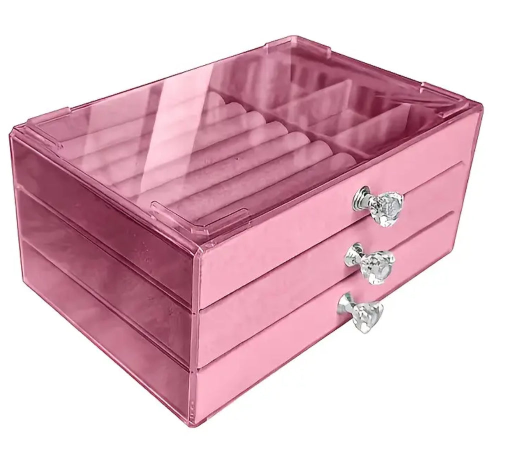 Velvet Acrylic Jewelry Storage Box with 3 Drawers, Stackable and Displayable