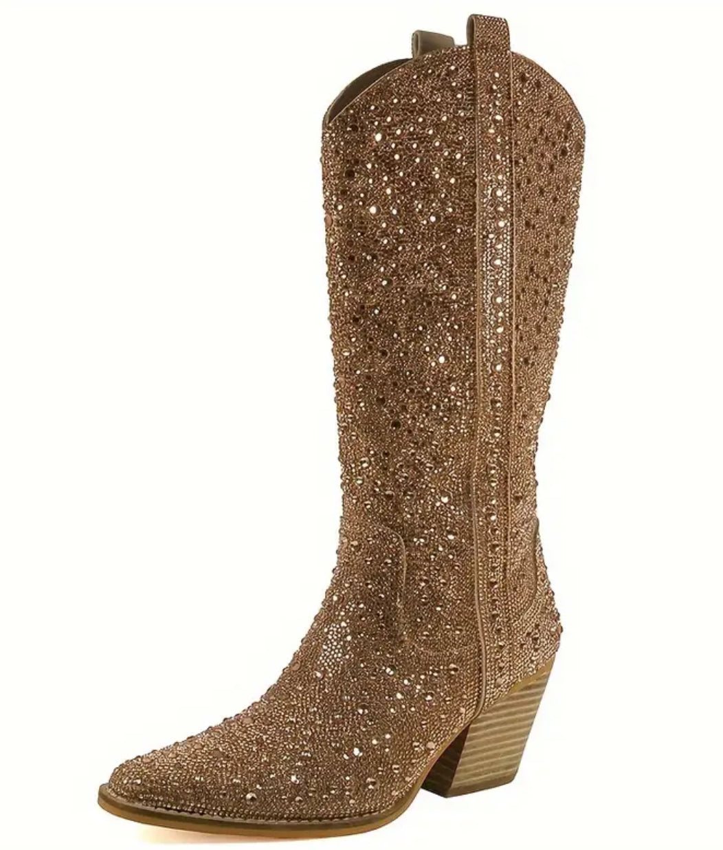 “Western & Rhinestones” Cowboy Boots, Stacked Block Heel, Mid Calf, Zipper Closure, PU Faux Leather Upper