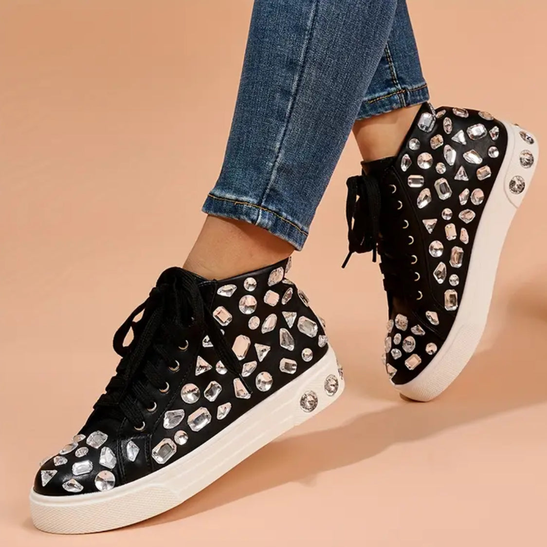 Rhinestone Decor Preppy Skate Shoes, Fashion Lace Up High Top Flat Sneakers