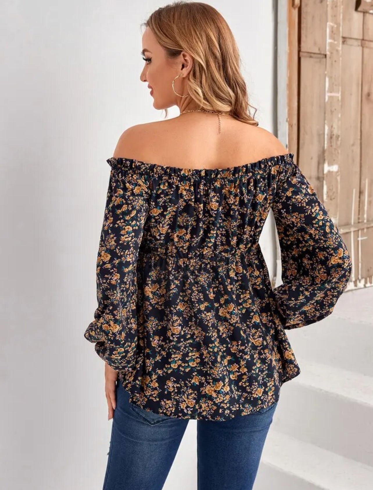 Blusa de manga larga con hombros descubiertos y flores para maternidad para mujer