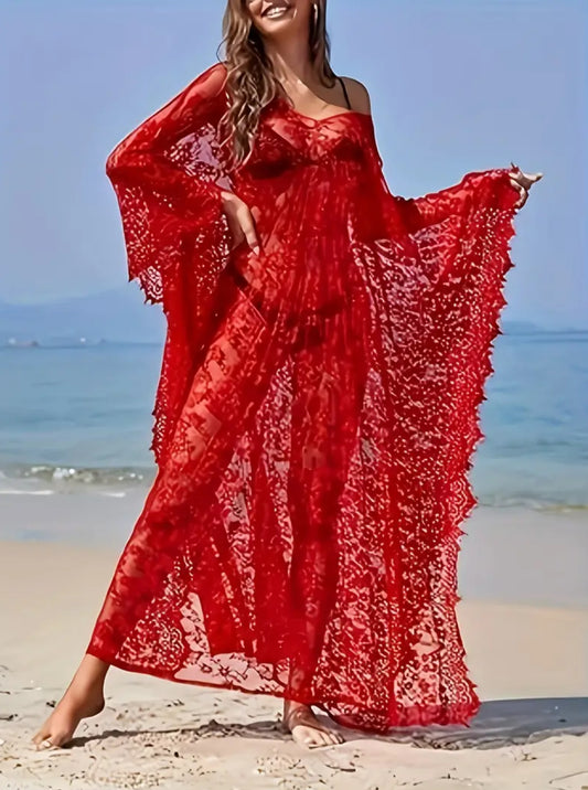 “Lady in Lace” V Neck Semi-Sheer Loose Fit Beach Kaftan