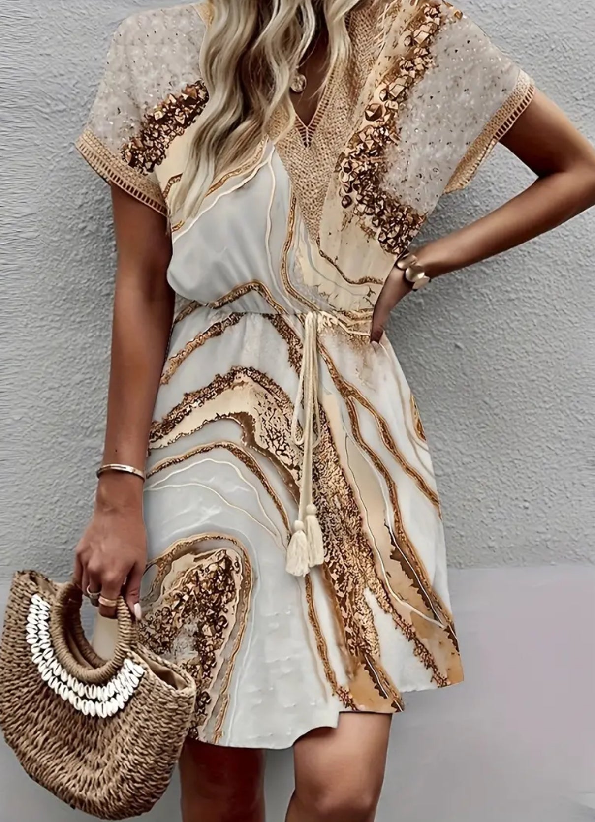 Gold Marble, Elegant Short Sleeve Dress