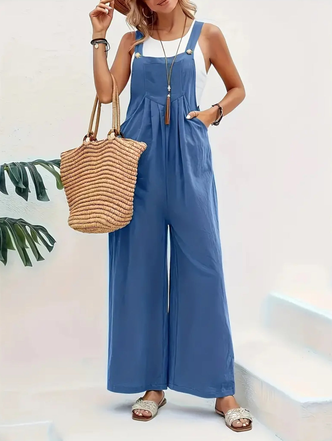 “Relax” Women's Casual Overall, Loose Fit, Button Back Strap Jumpsuit + Pockets