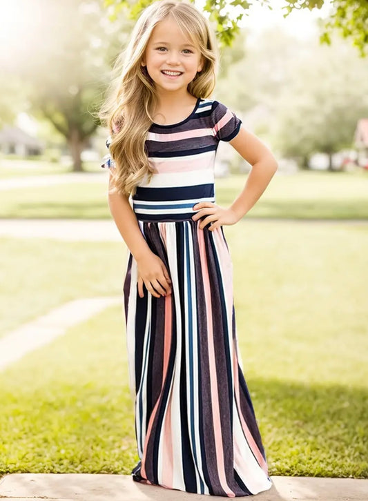 Elegant Maxi-Length Striped Short Sleeve Dress For Girls