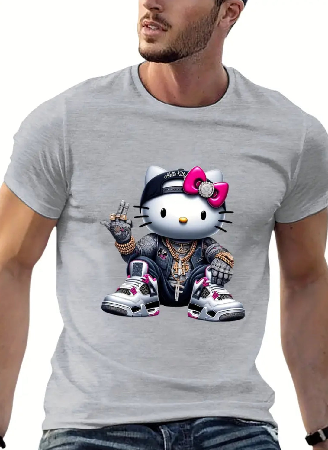 “Hello Kitty Hip-hop” Men's Short-Sleeved Fashion, Casual Streetwear T-shirt