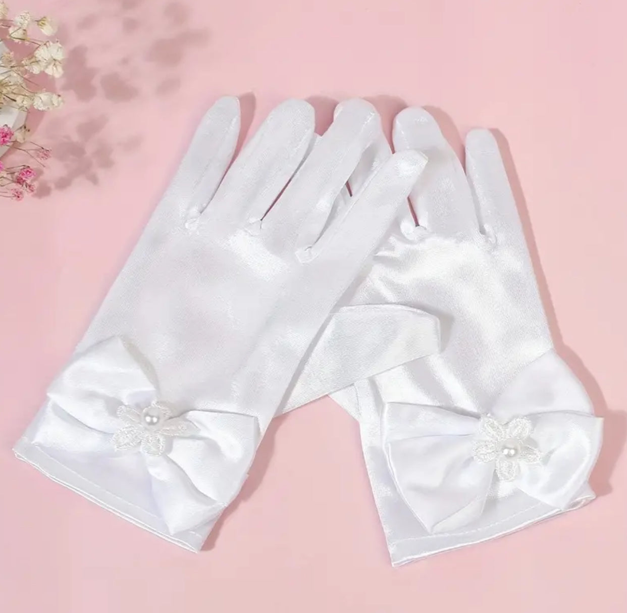 1pair Children's Decorative Bow Satin Flower Girl Gloves