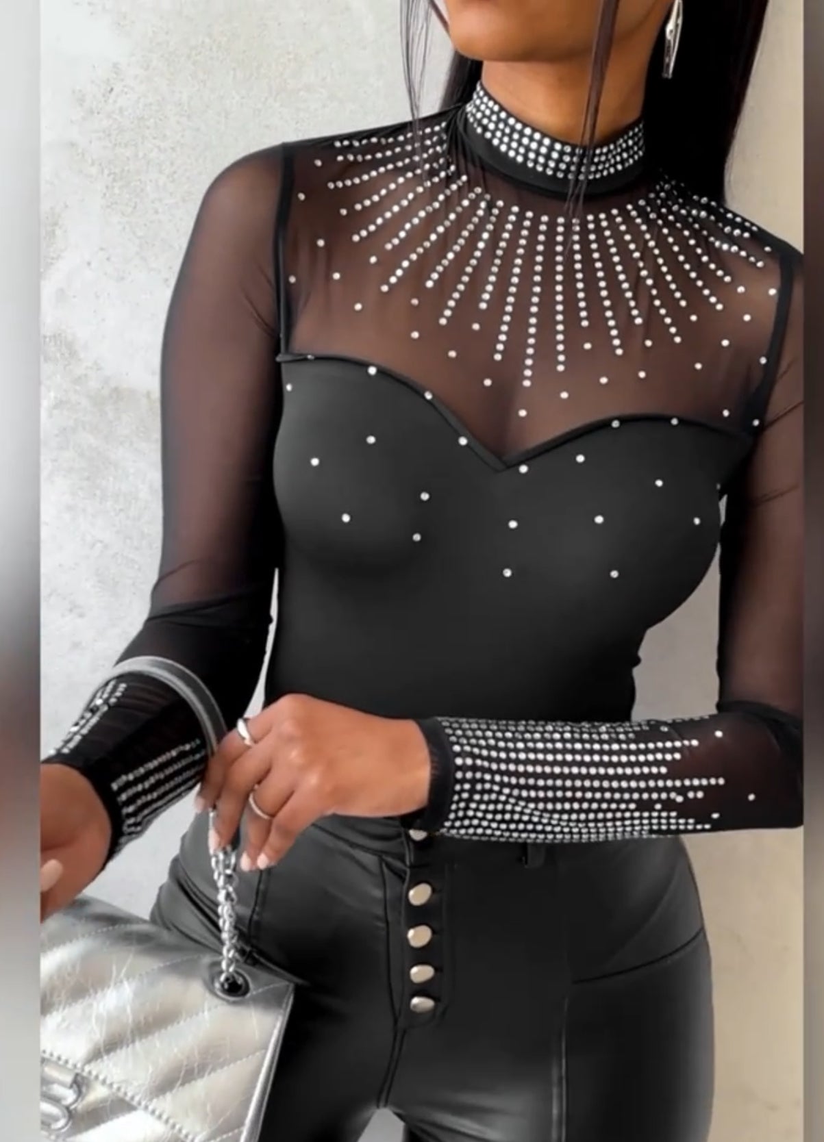 Rhinestones Casual Long Sleeve One-Piece Bodysuit, Women's