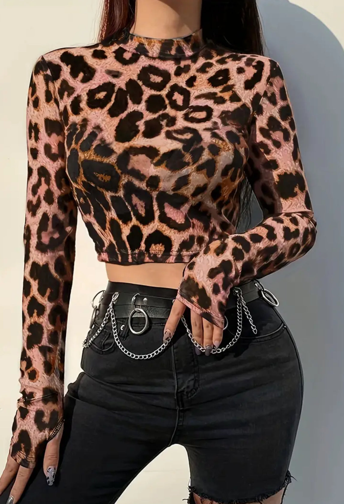 “Leopard Crop” Mock Neck, Slim Fit, Long Sleeve, Y2K Inspired