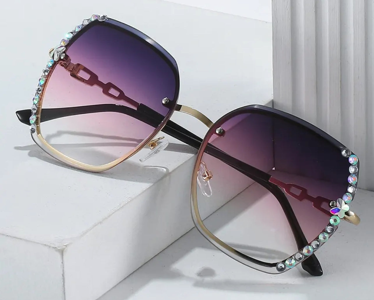 Rhinestone Rimless Fashion Sunglasses, Casual Gradient UV400