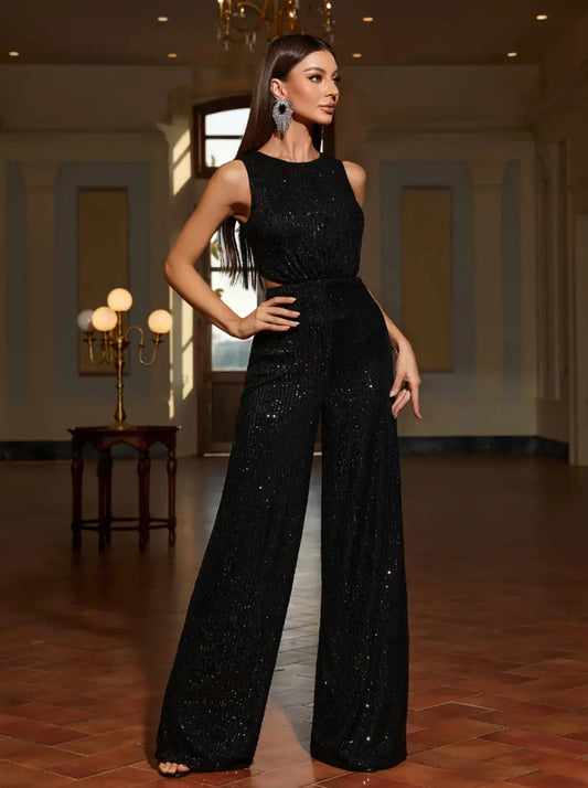 “Dream at Night” Elegant Sleeveless, Wide Leg Sequin Cut Out Jumpsuit