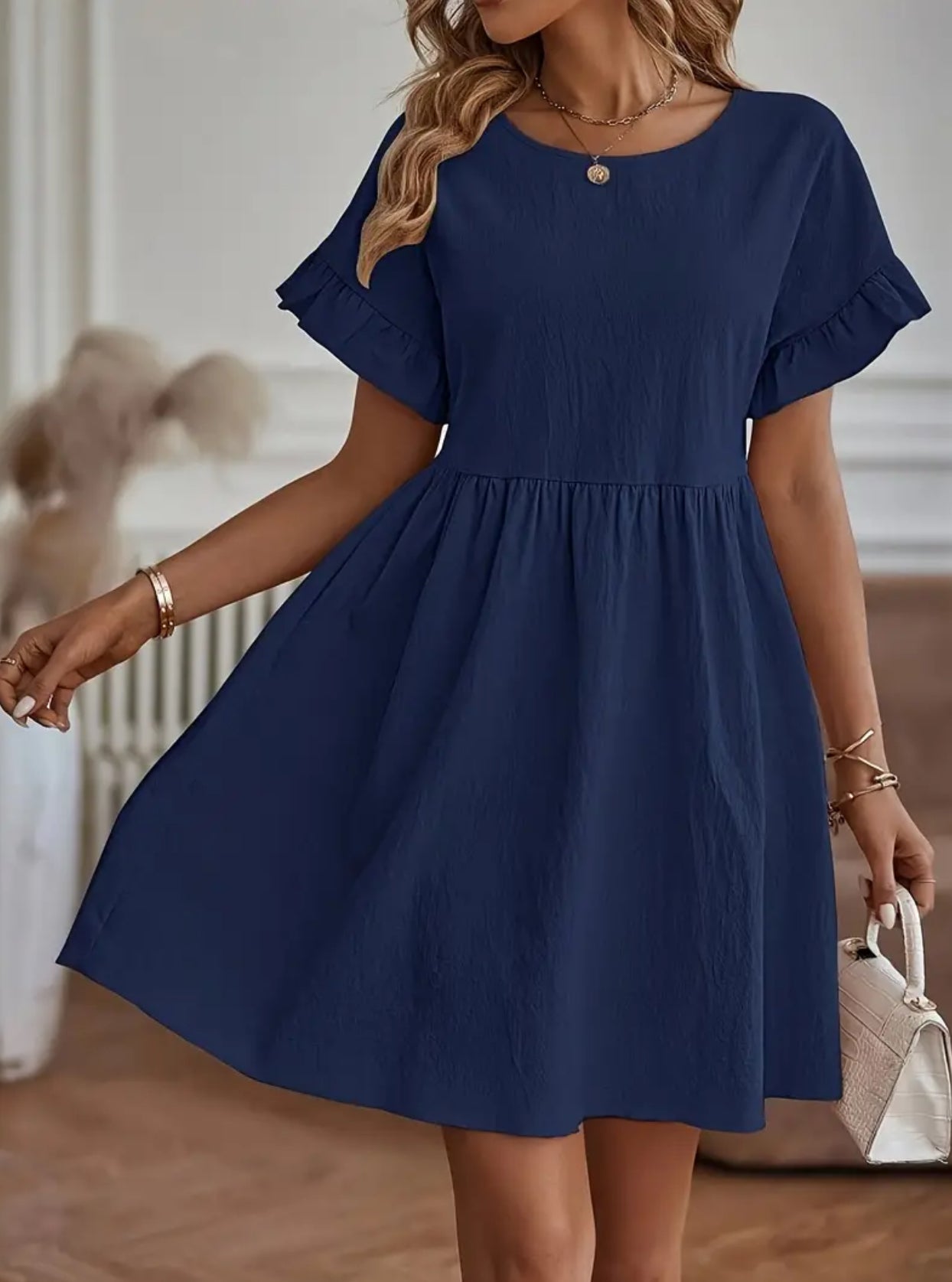 Women's Solid Ruffle Hem Short Sleeve A-line Dress