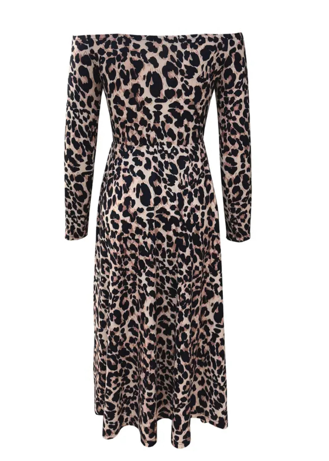 Long Sleeve Leopard A-line Flowy, Off Shoulder, Split Hem Dress